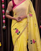 Soft and comfortable embroidered mulmul cotton saree in yellow for day festivities or casual outing