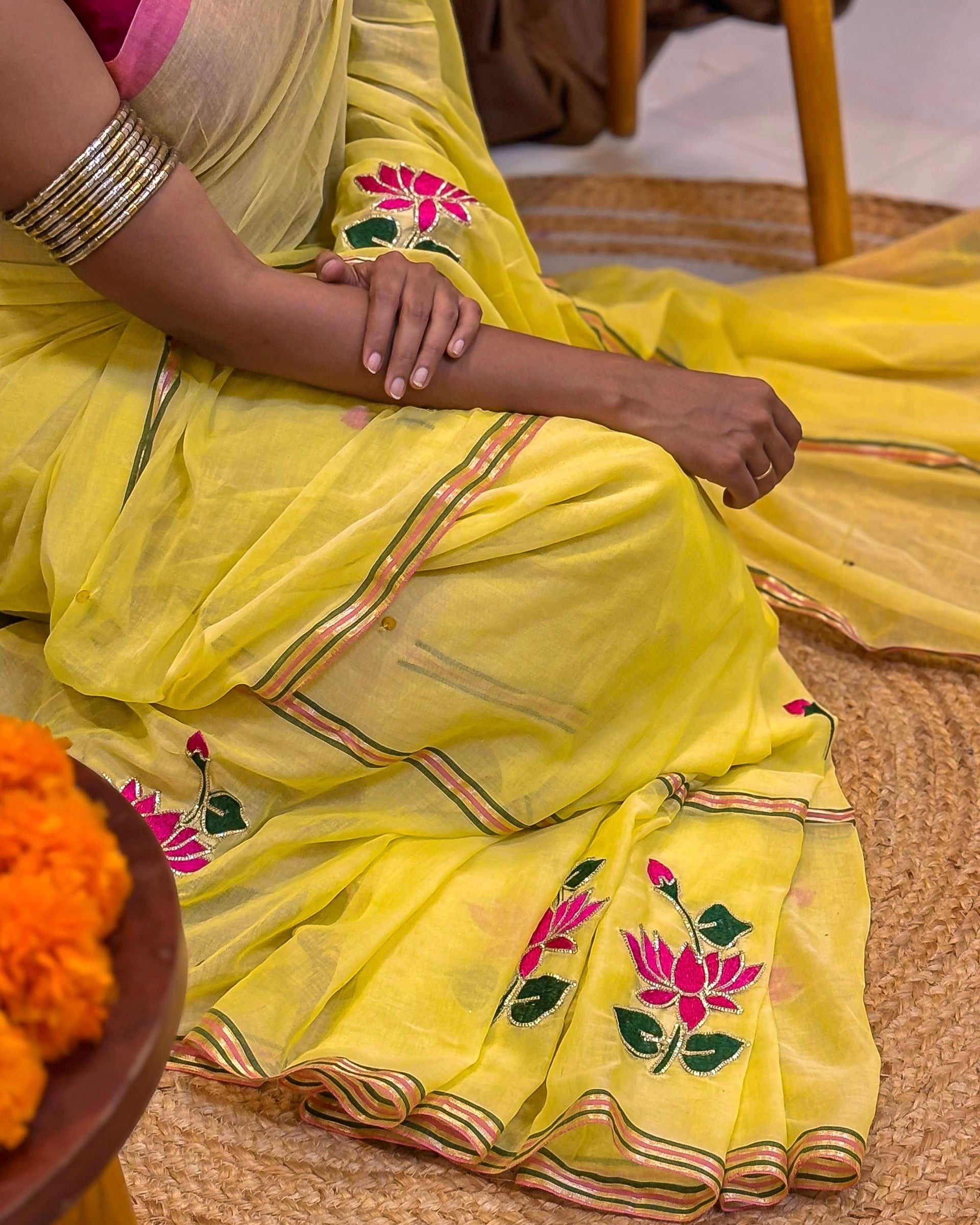 Soft yellow cotton mulmul saree perfect for festive and daily wear