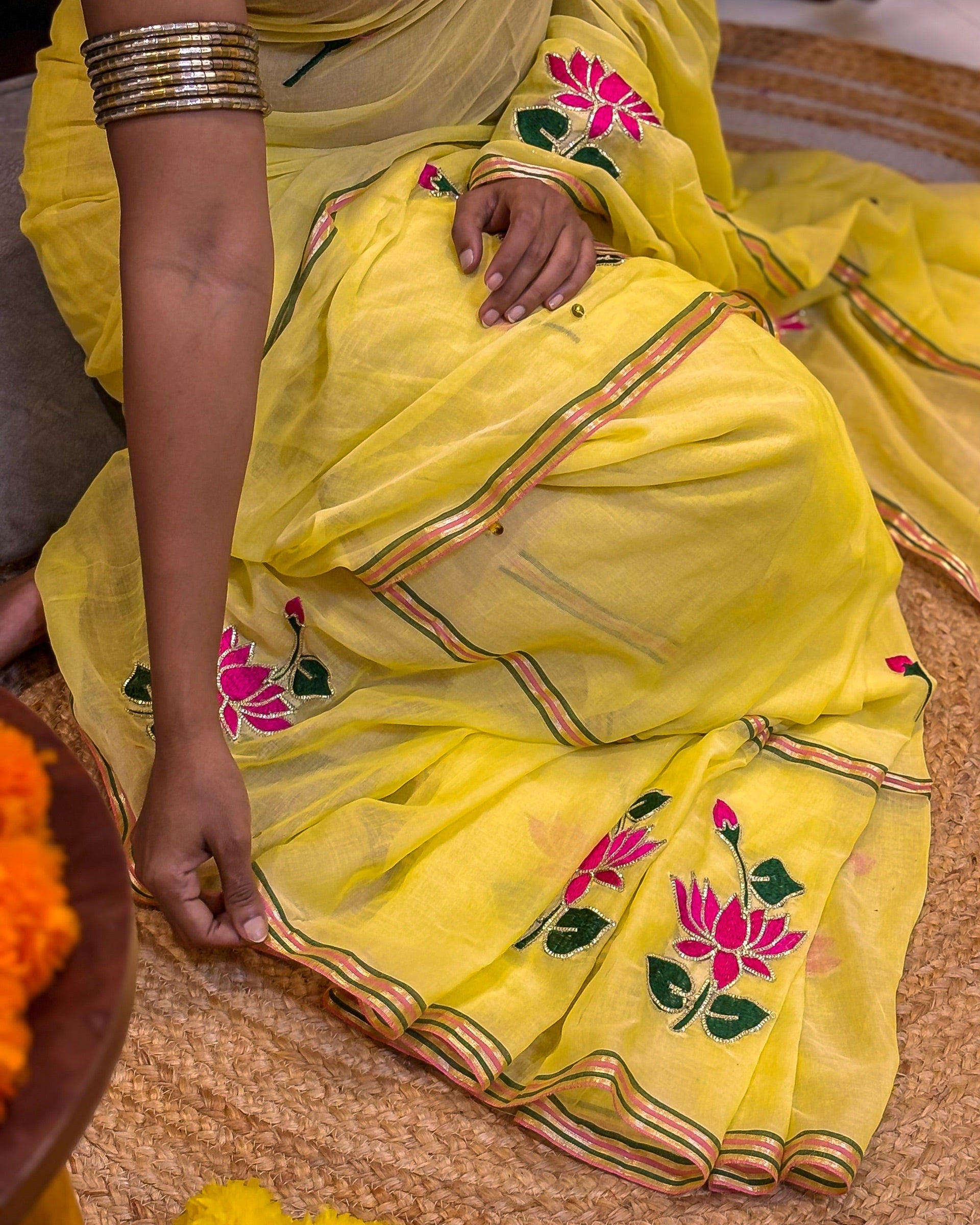 Lightweight yellow cotton saree breathable mulmul fabric for summer