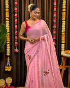 Pink mulmul saree with lotus motifs comfortable summer saree