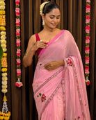 Soft and comfortable embroidered mulmul cotton saree in pink for day festivities or casual outing