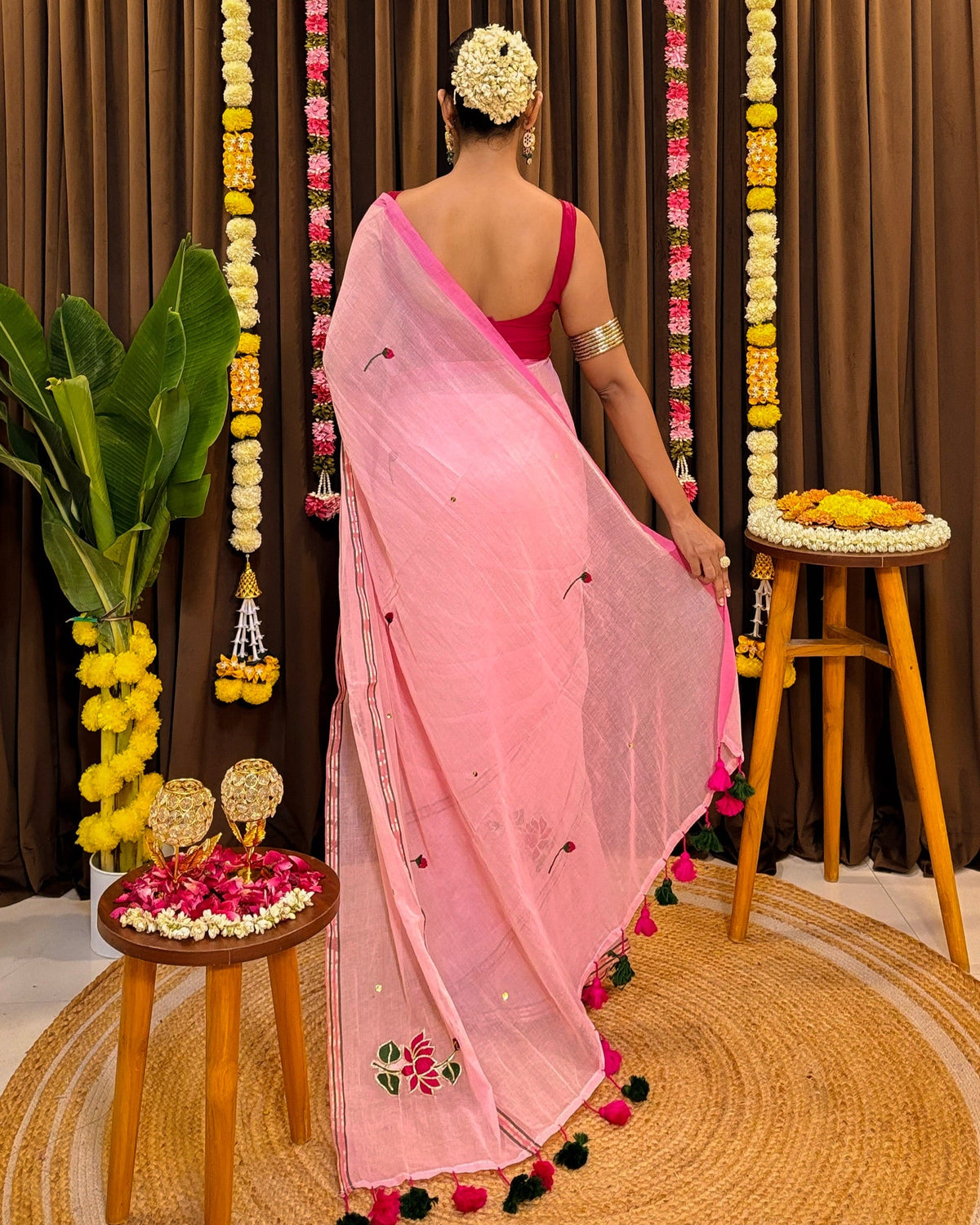 Soft pink mulmul cotton saree with delicate floral lotus embroidery
