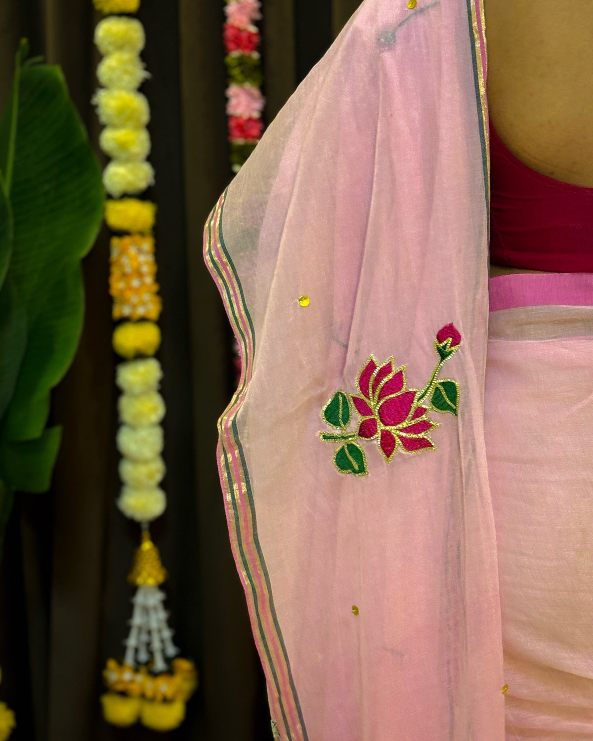 Lightweight pink cotton mulmul saree for office and casual wear