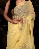 Serene Rose yellow sequins embroidered mulmul cotton saree, a lightweight breathable saree for festive and summer wear.