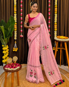 Pink mulmul cotton saree with lotus embroidery lightweight soft saree