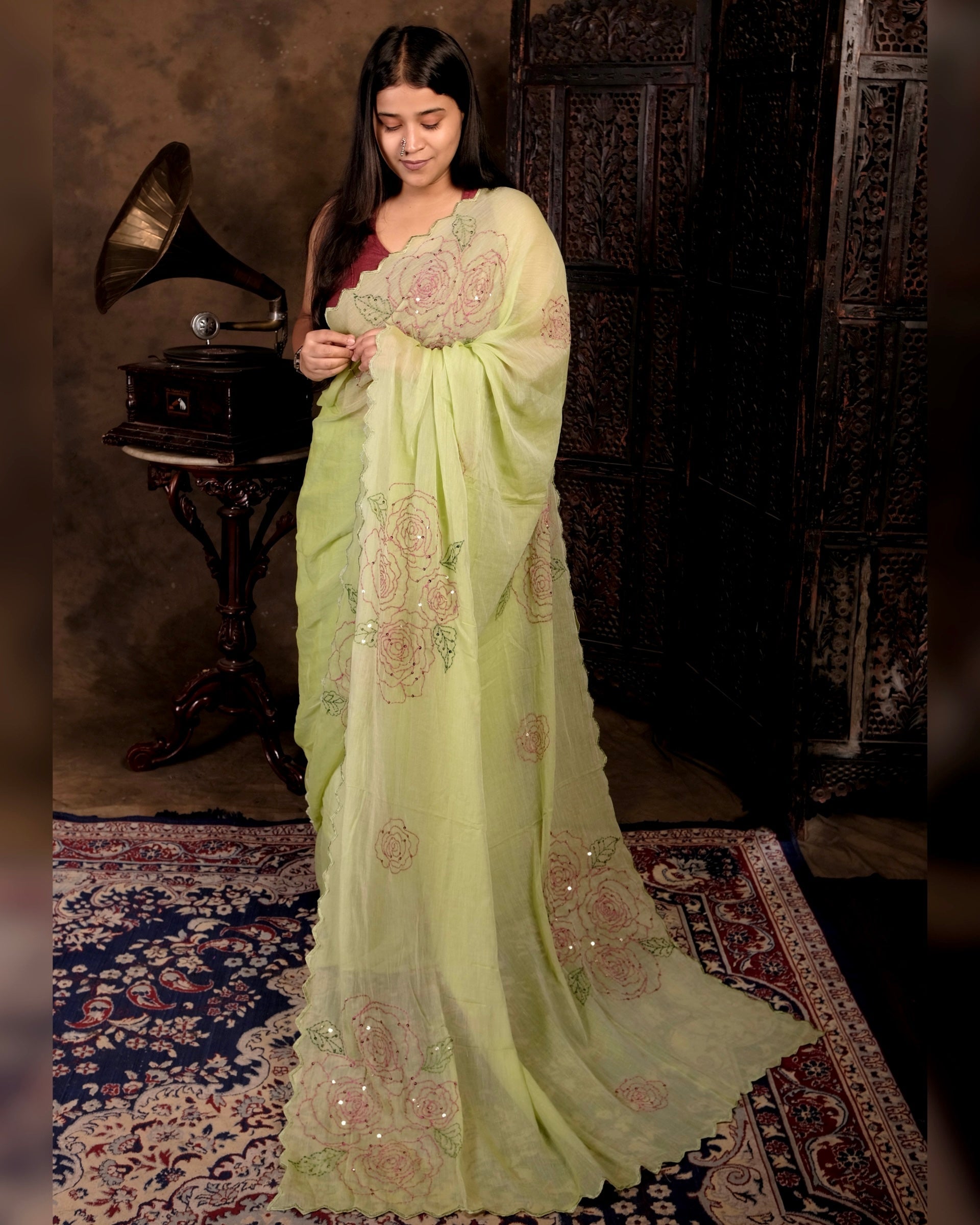 Green rose saree in soft mulmul cotton, handcrafted with sequins embroidery for elegant festive and everyday wear.