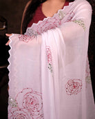 White rose sequins embroidered mulmul cotton saree, a lightweight breathable saree for festive and summer wear.