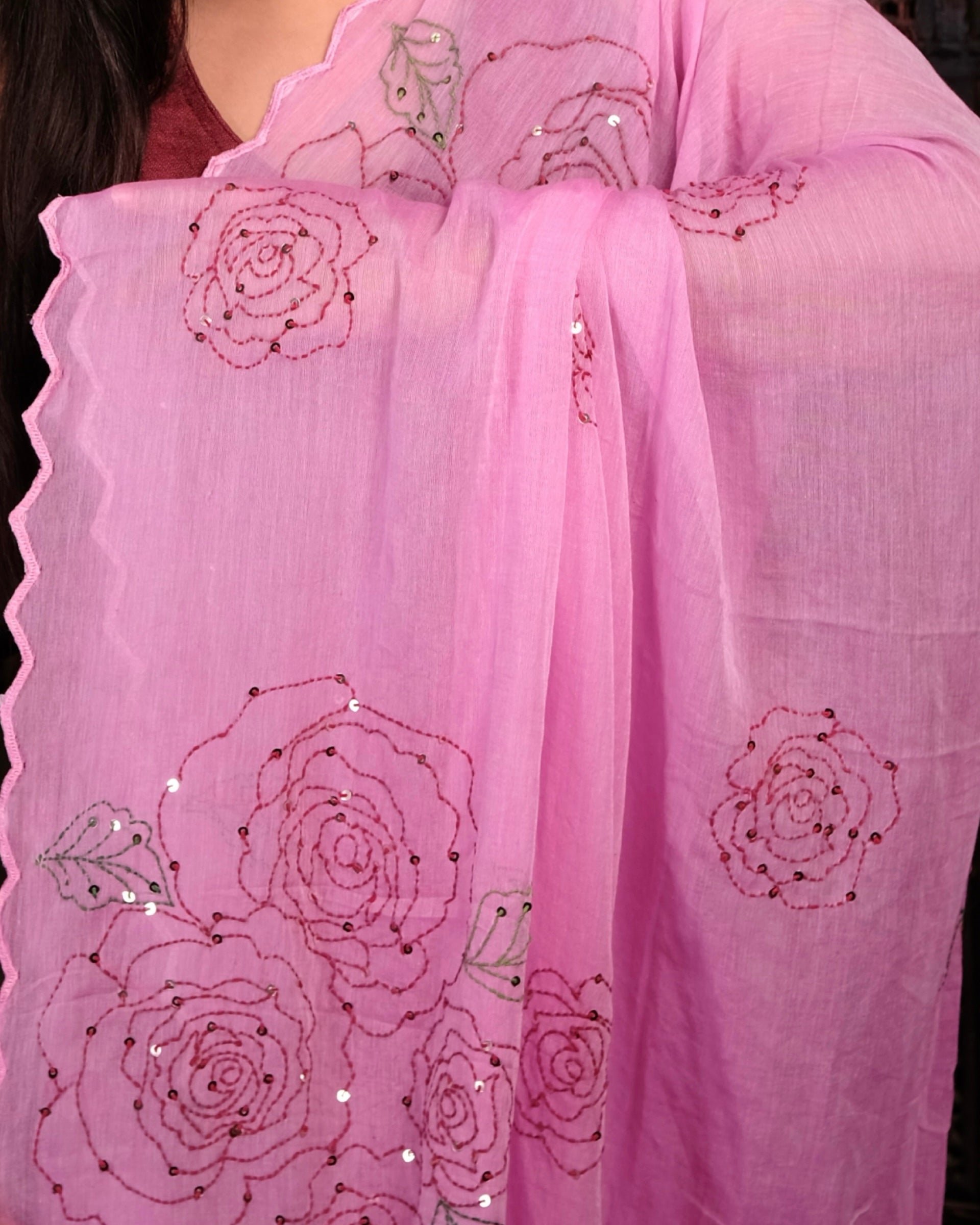 Gulaabi rose sequins embellished pink mulmul cotton saree, a soft breathable saree perfect for festive and party wear.