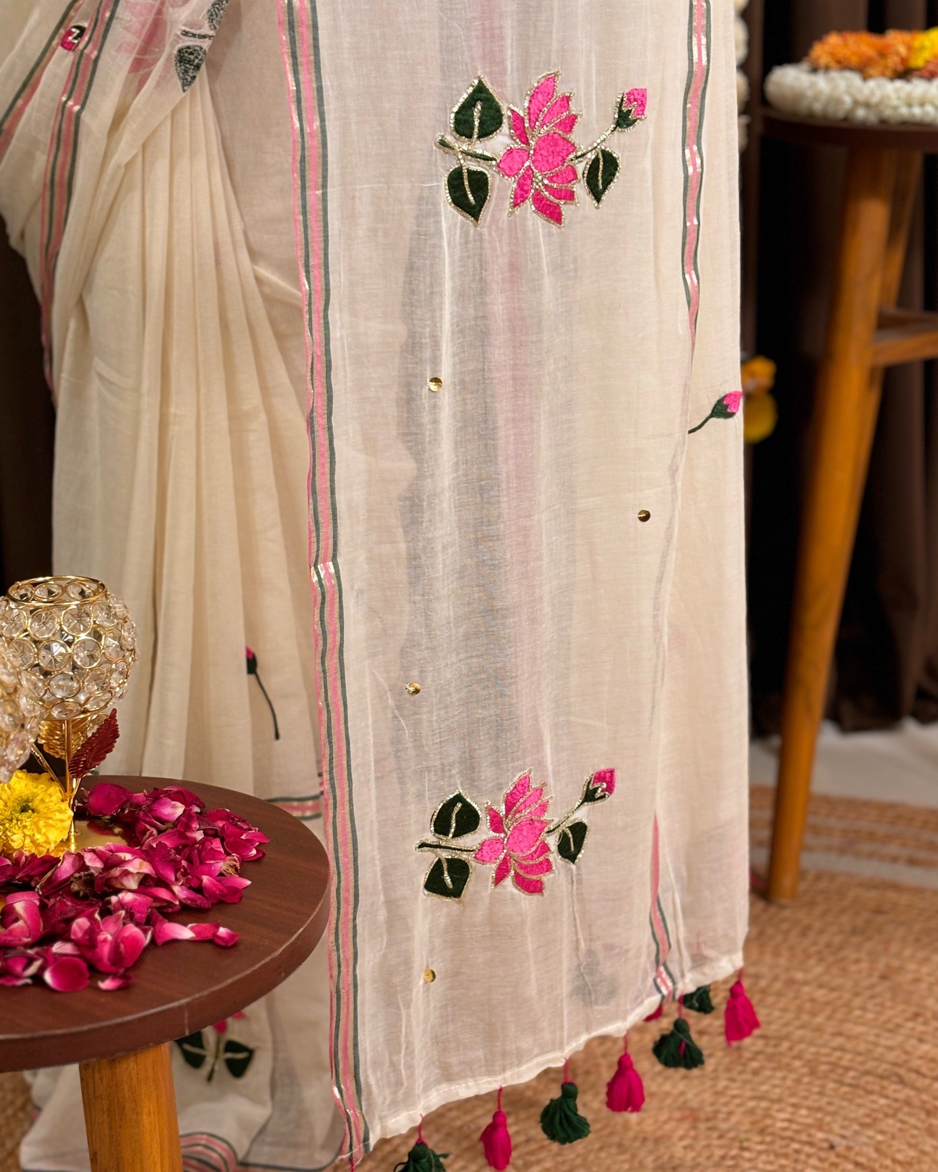 Breathable white cotton saree perfect for office and daily wear