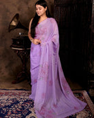 Violet Rose purple sequins embroidered mulmul cotton saree, a lightweight breathable saree for festive and summer wear.