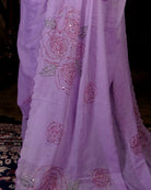 Violet Rose purple sequins embroidered mulmul cotton saree, a lightweight breathable saree for festive and summer wear.