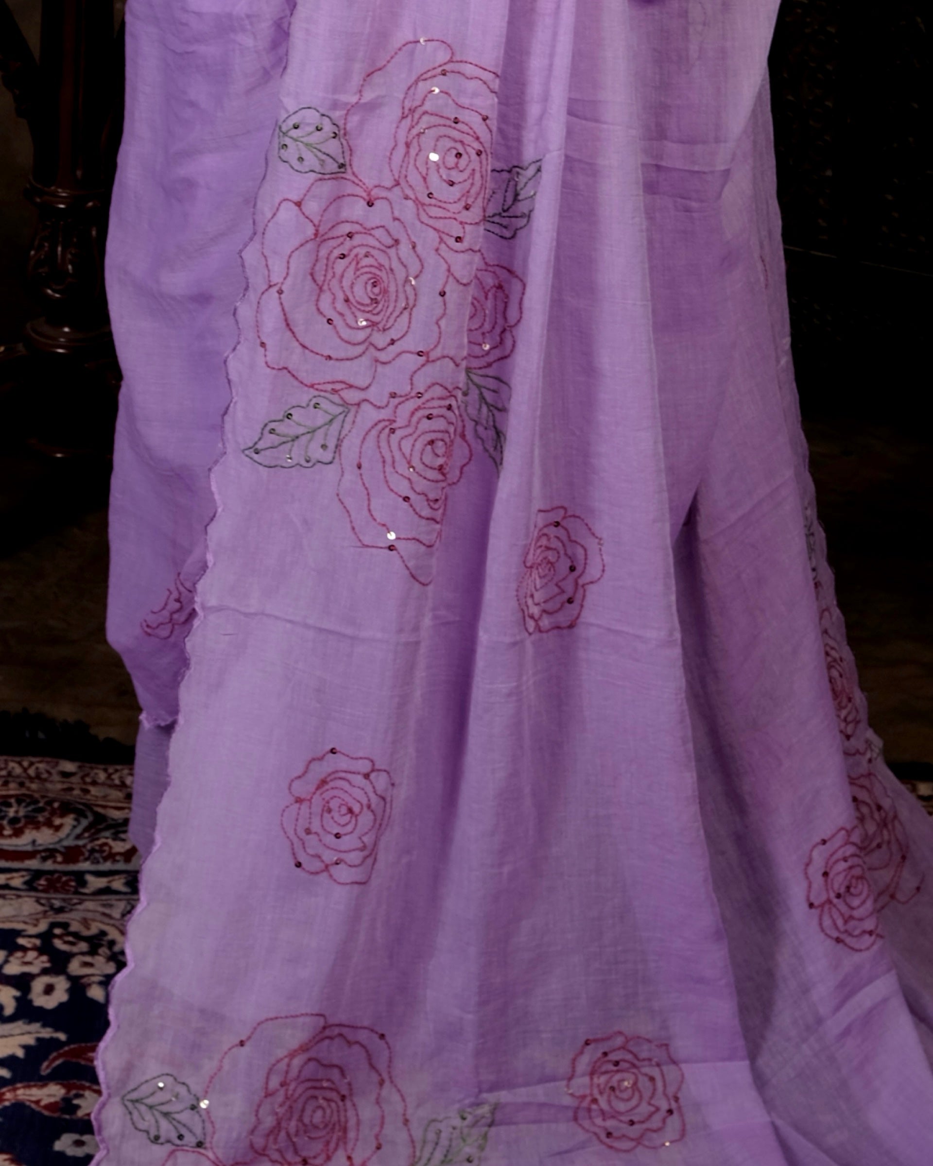 Violet Rose purple sequins embroidered mulmul cotton saree, a lightweight breathable saree for festive and summer wear.