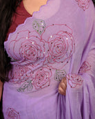 Purple mulmul cotton saree with rose sequins embroidery, soft airy elegance for festive moments and summer styling.