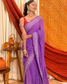 Lavender Sequins Embellished Cotton Saree in soft mulmul fabric with elegant shimmer detailing