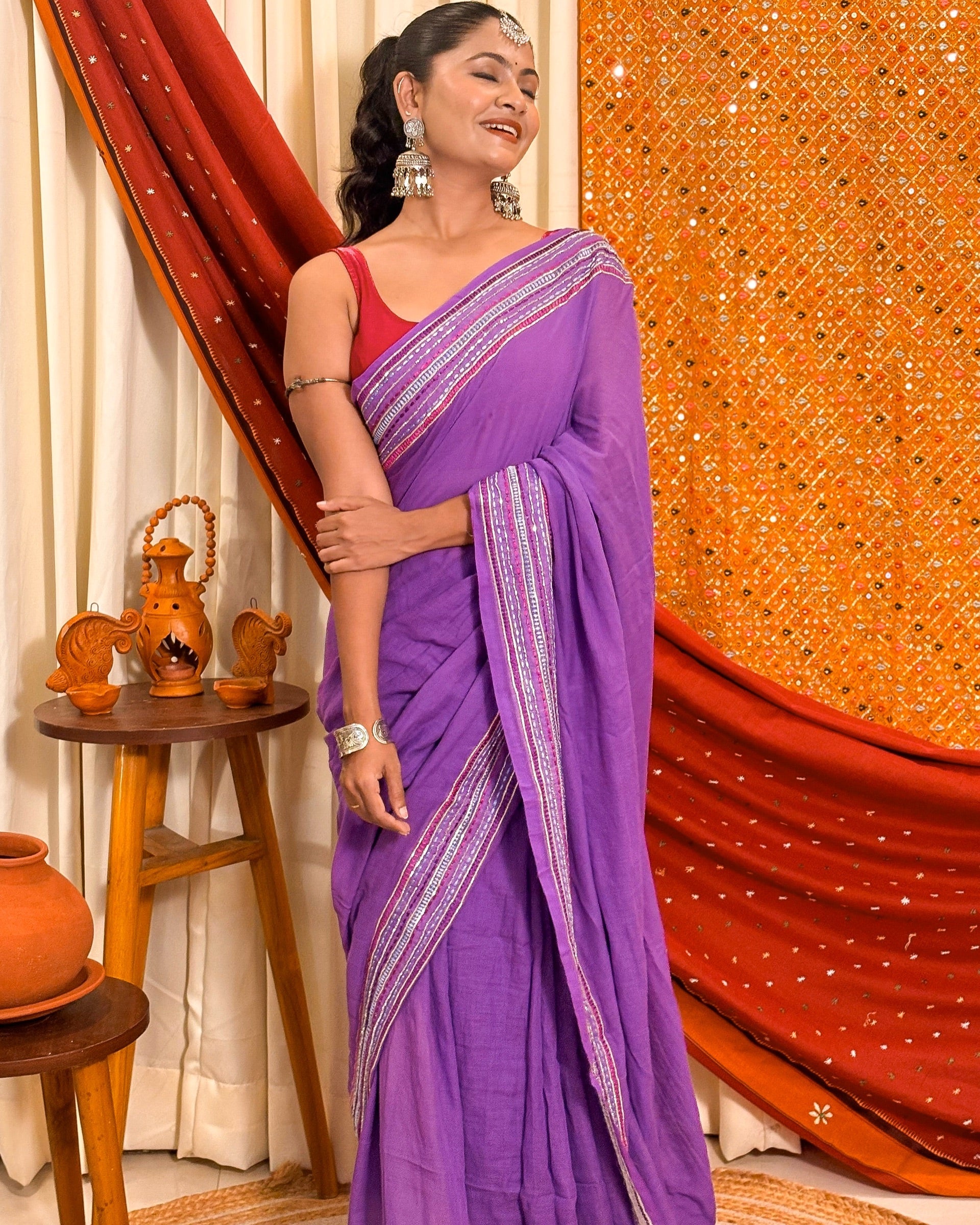 Lavender Sequins Embellished Cotton Saree in soft mulmul fabric with elegant shimmer detailing