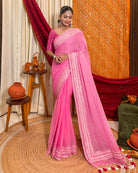 Woven Halo Pink Sequins Embellished Cotton Saree in lightweight breathable fabric