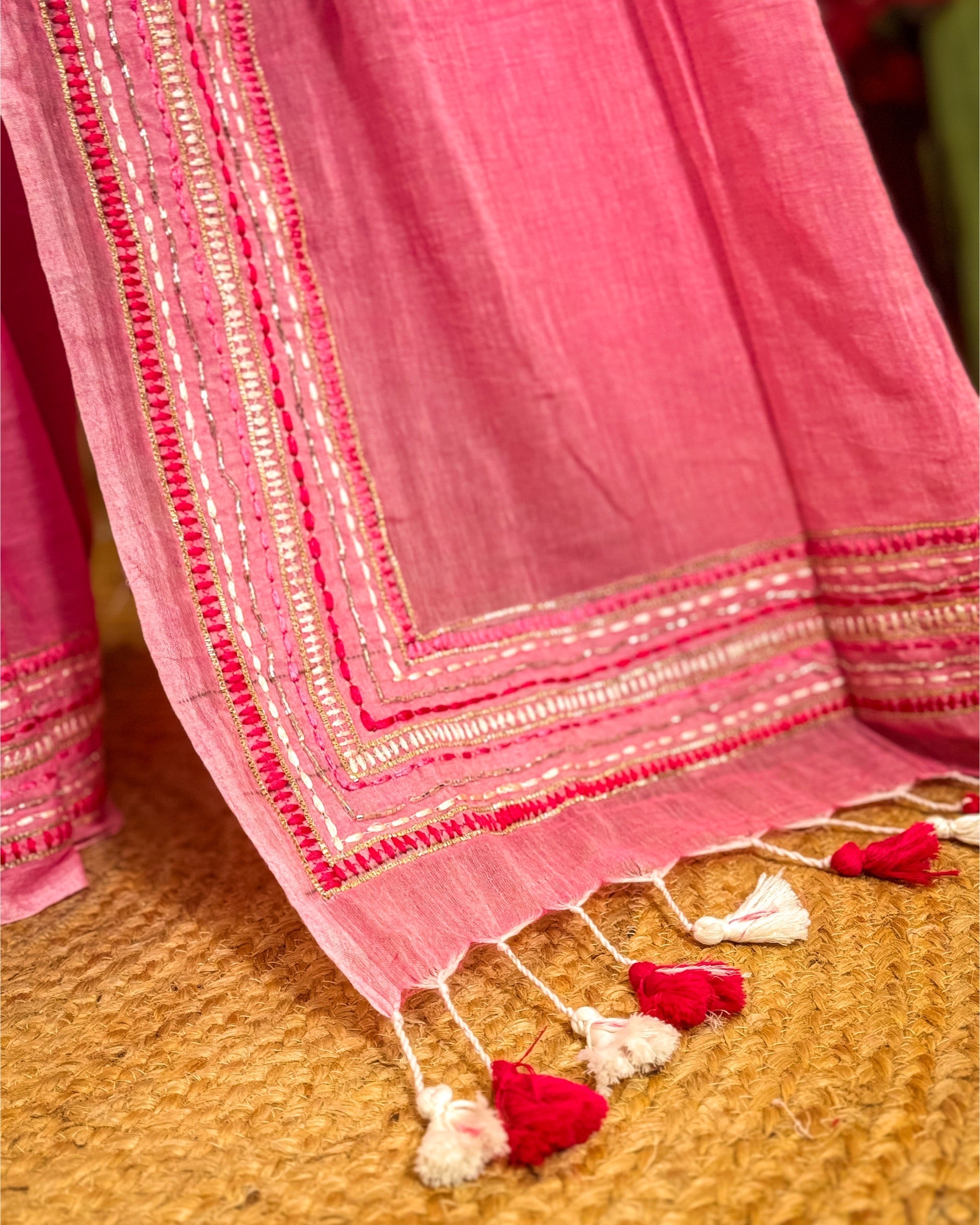 Handcrafted pink mulmul cotton saree featuring subtle sequin work from the Woven Halo collection