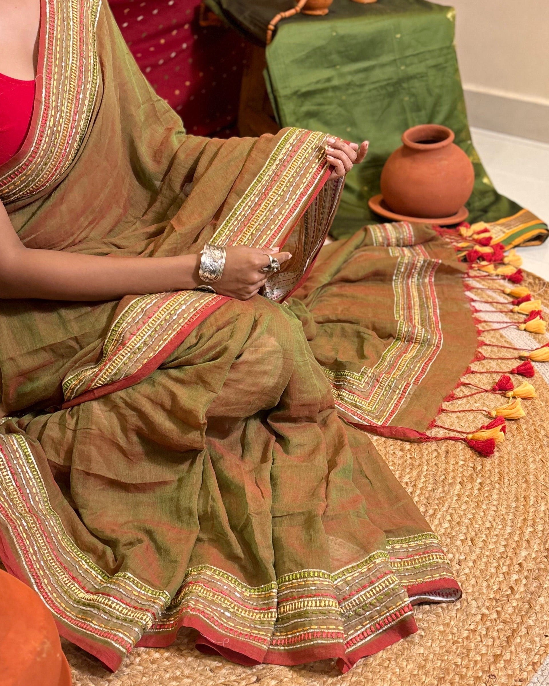 Whispered Shine Brown Sequins Embellished Cotton Saree styled for summer wear