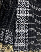 Handcrafted black white khaadi cotton saree featuring Jamdani Paar design