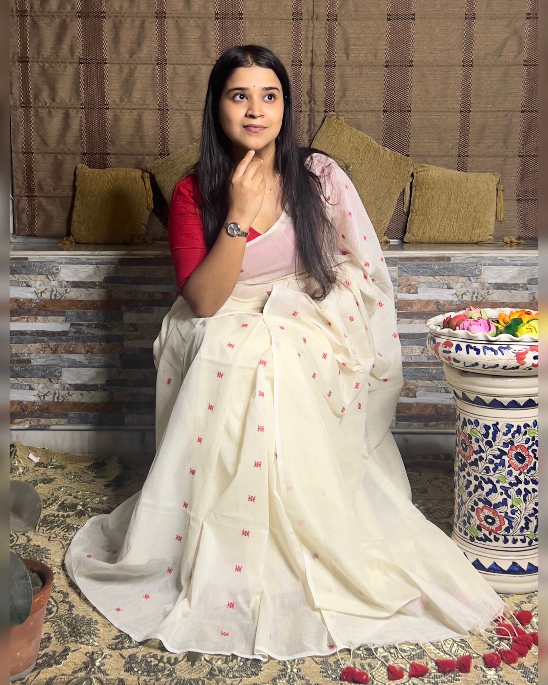 Soft and Comfortable Durga Puja Navaratri Red and White Handloom Cotton Saree Collection