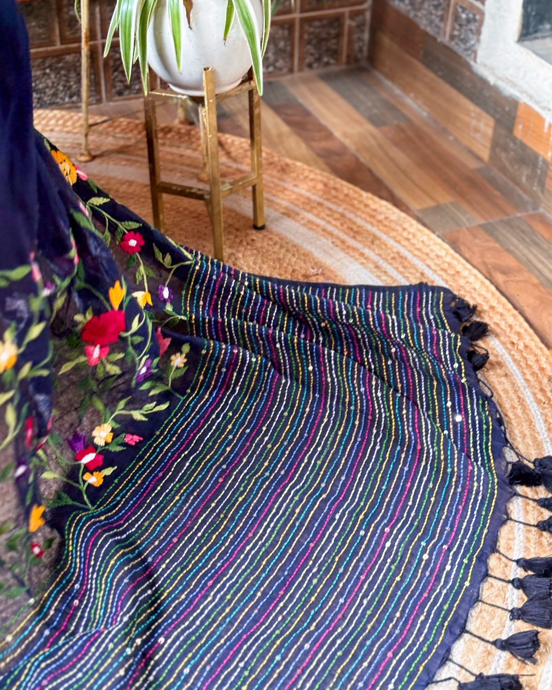 Navy blue embroidered saree from Blue Iris Enchant collection with handcrafted detailing