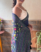 Navy blue embroidered mulmul cotton saree Blue Iris Enchant design