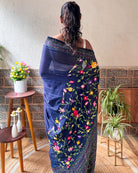 Elegant Blue Iris Enchant navy embroidered saree with intricate thread work and refined finish