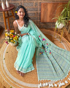Green embroidered mulmul cotton saree Mist Mint Gardenia design