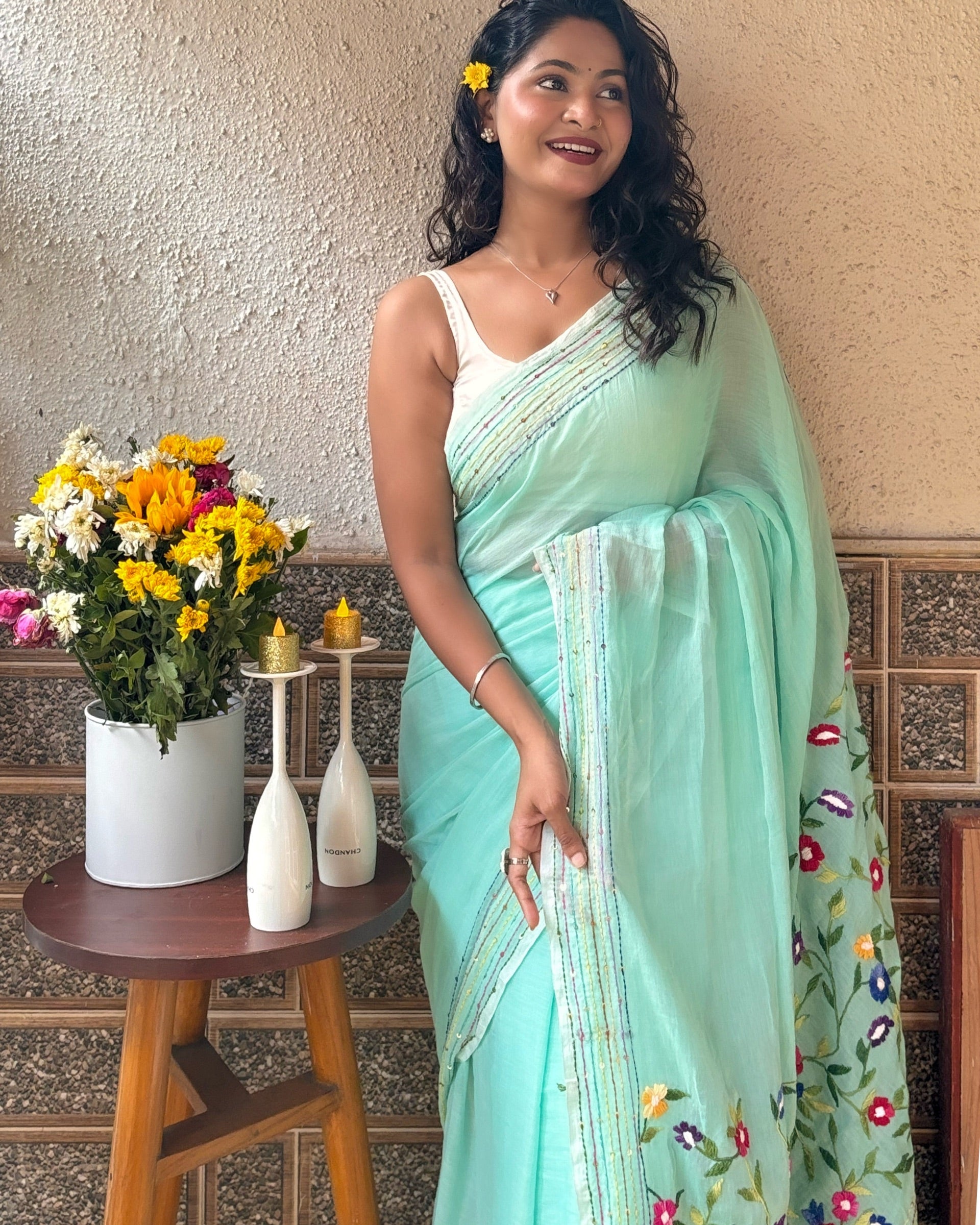 Soft green mulmul saree with delicate embroidery lightweight cotton saree