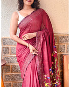 Soft handcrafted maroon mulmul cotton saree with intricate thread work for everyday wear