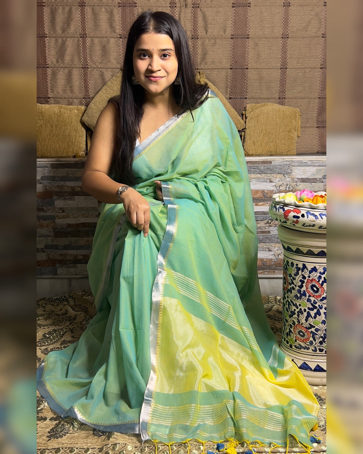 Comfortable dual tone green yellow  mangalgiri handloom cotton saree by Shopaame with zari velvet border and aanchal yellow