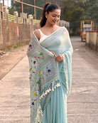 Hand embroidered cyan mulmul cotton saree for summer and daily wear
