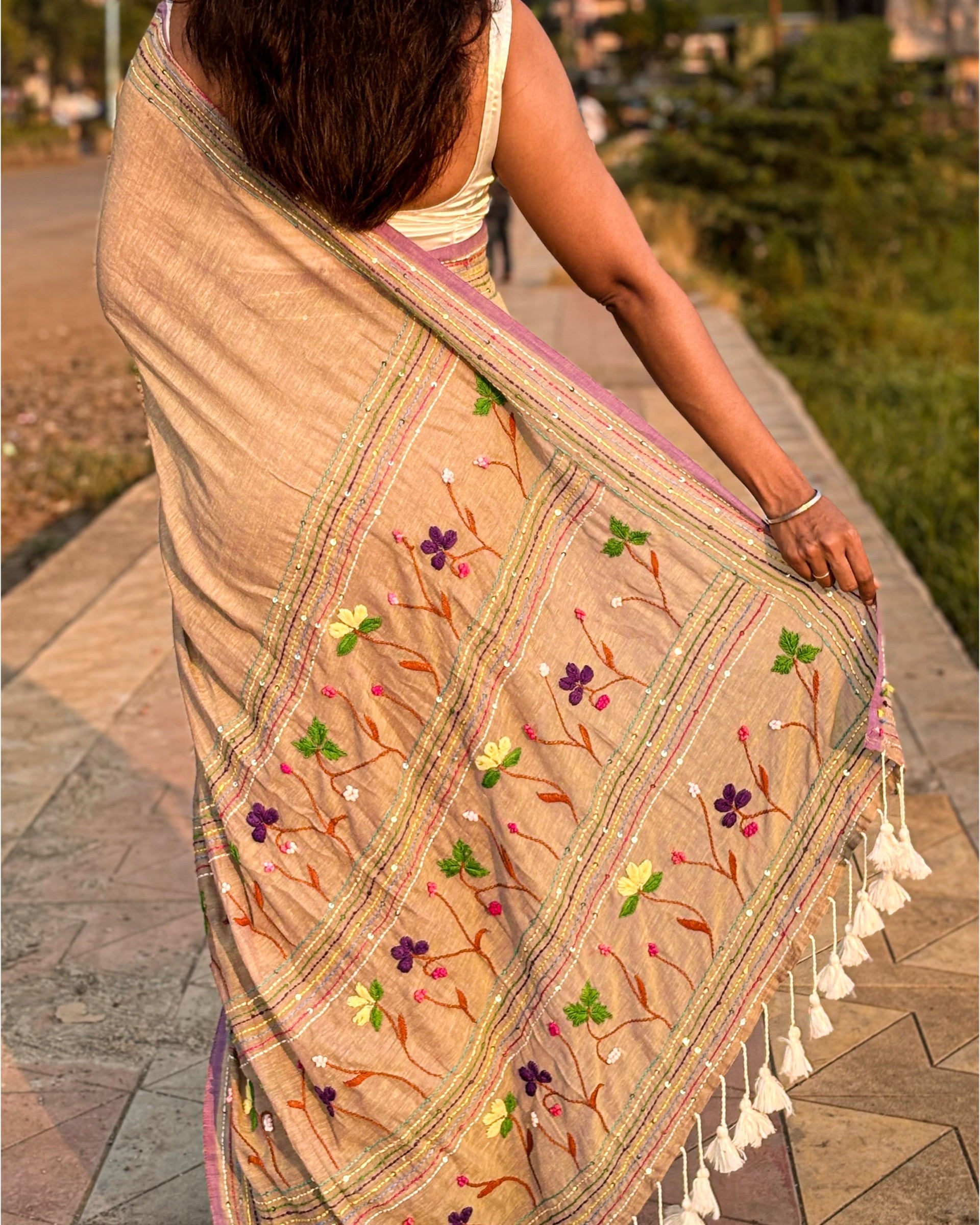 Elegant beige embroidered mulmul cotton saree