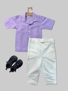 Milan organic cotton-linen boys shirt front view in soft lilac with button placket