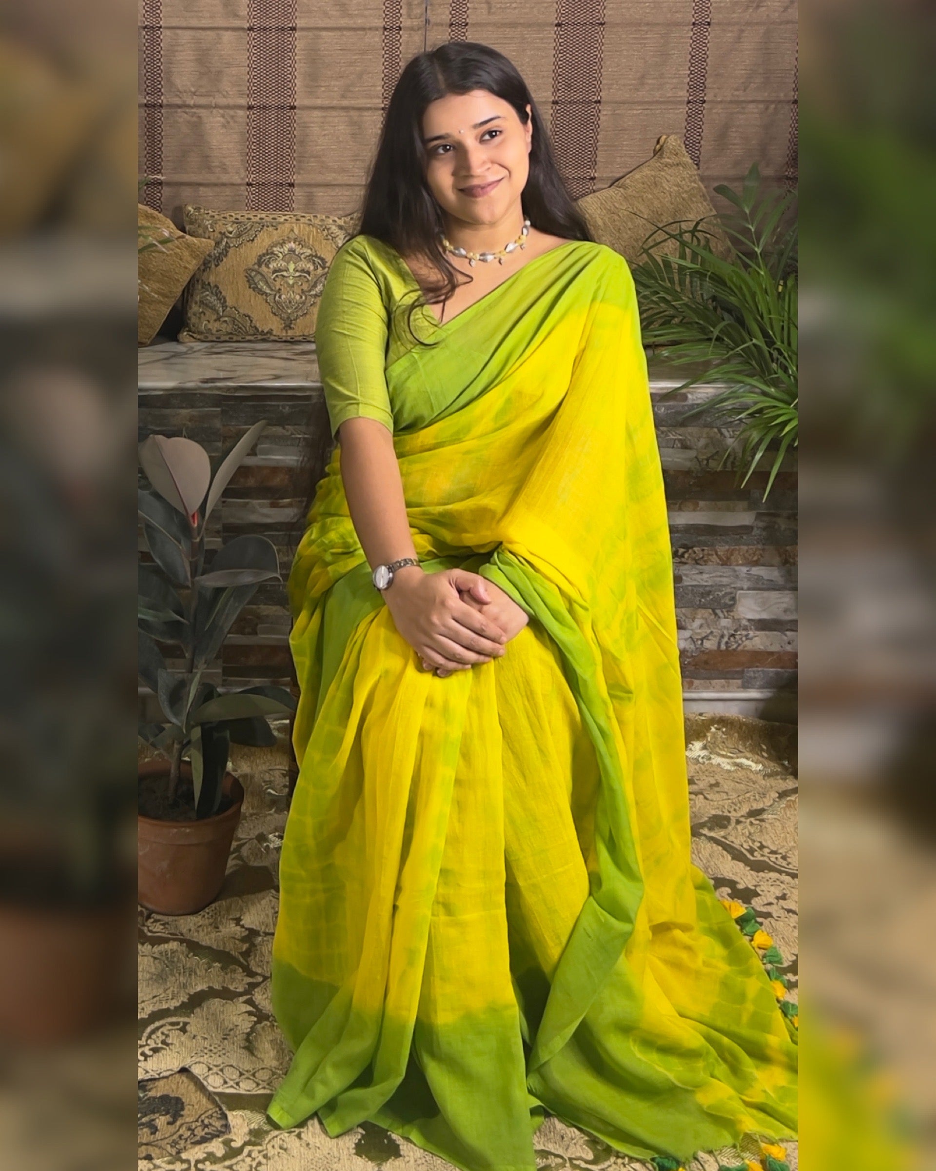 Soft and Comfortable Mulmul Cotton festive colour green and yellow  Shibori Saree