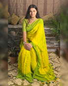 Soft and Comfortable Mulmul Cotton festive colour green and yellow  Shibori Saree