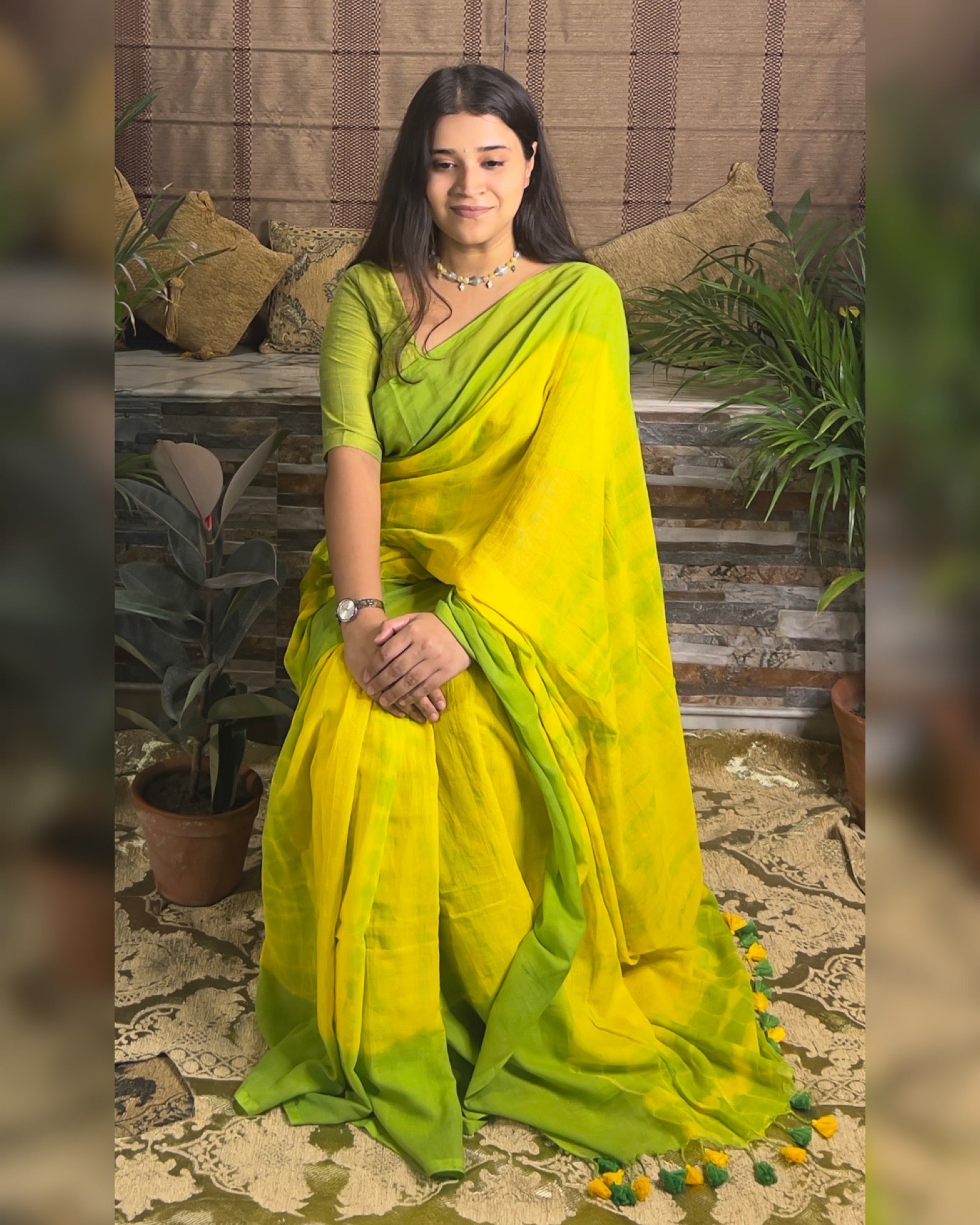 Soft and Comfortable Mulmul Cotton festive colour green and yellow  Shibori Saree