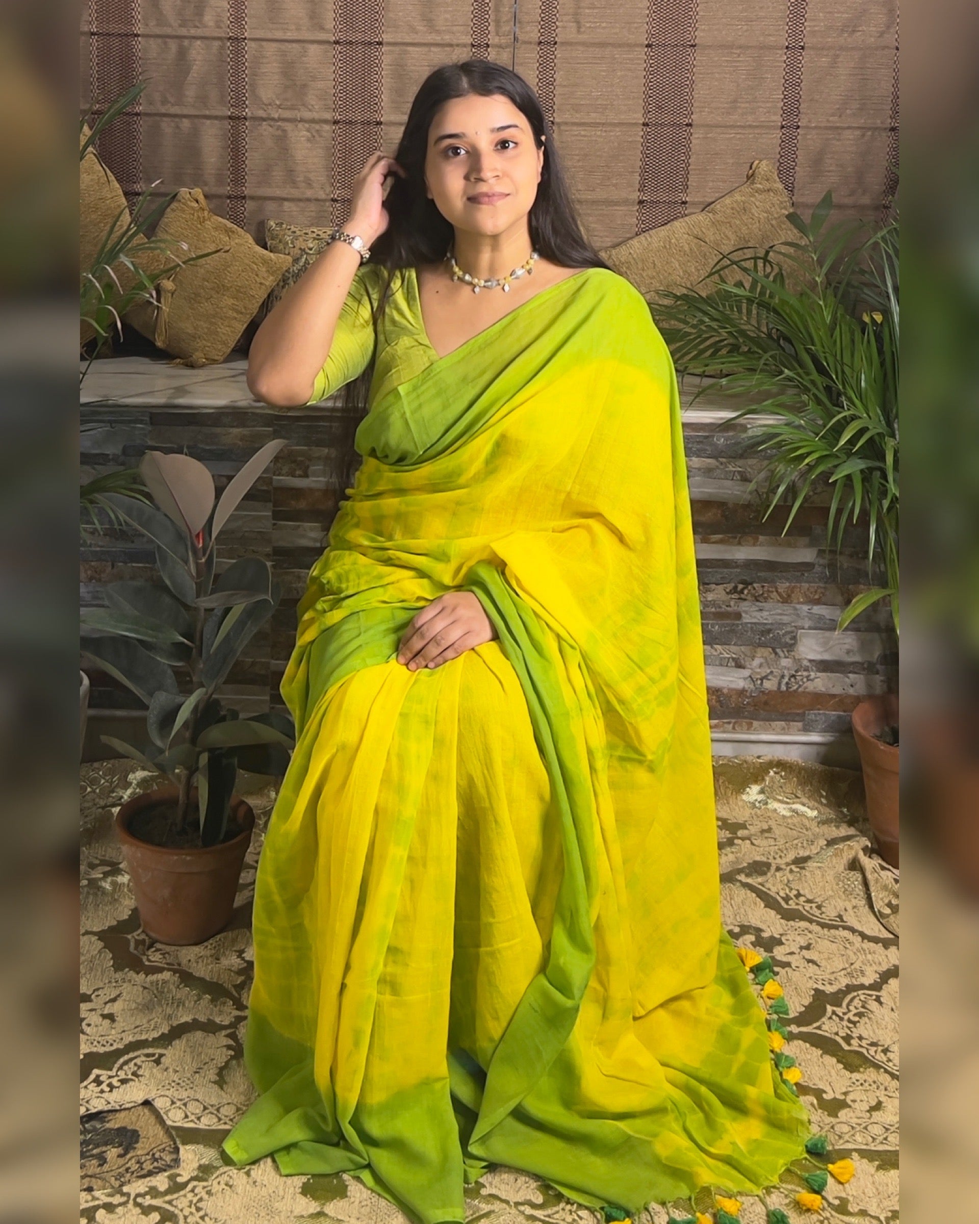Soft and Comfortable Mulmul Cotton festive colour green and yellow  Shibori Saree