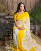 Soft and Comfortable Mulmul Cotton festive colour yellow and white Shibori Saree