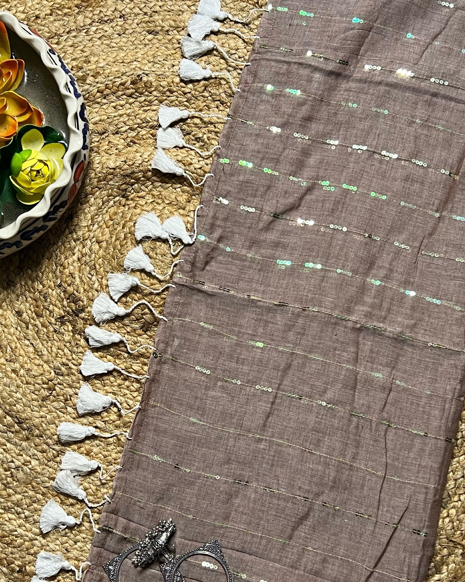Ghughoo Grey Taupe Sequins Embellished Mulmul Cotton Saree by Shop AaMe