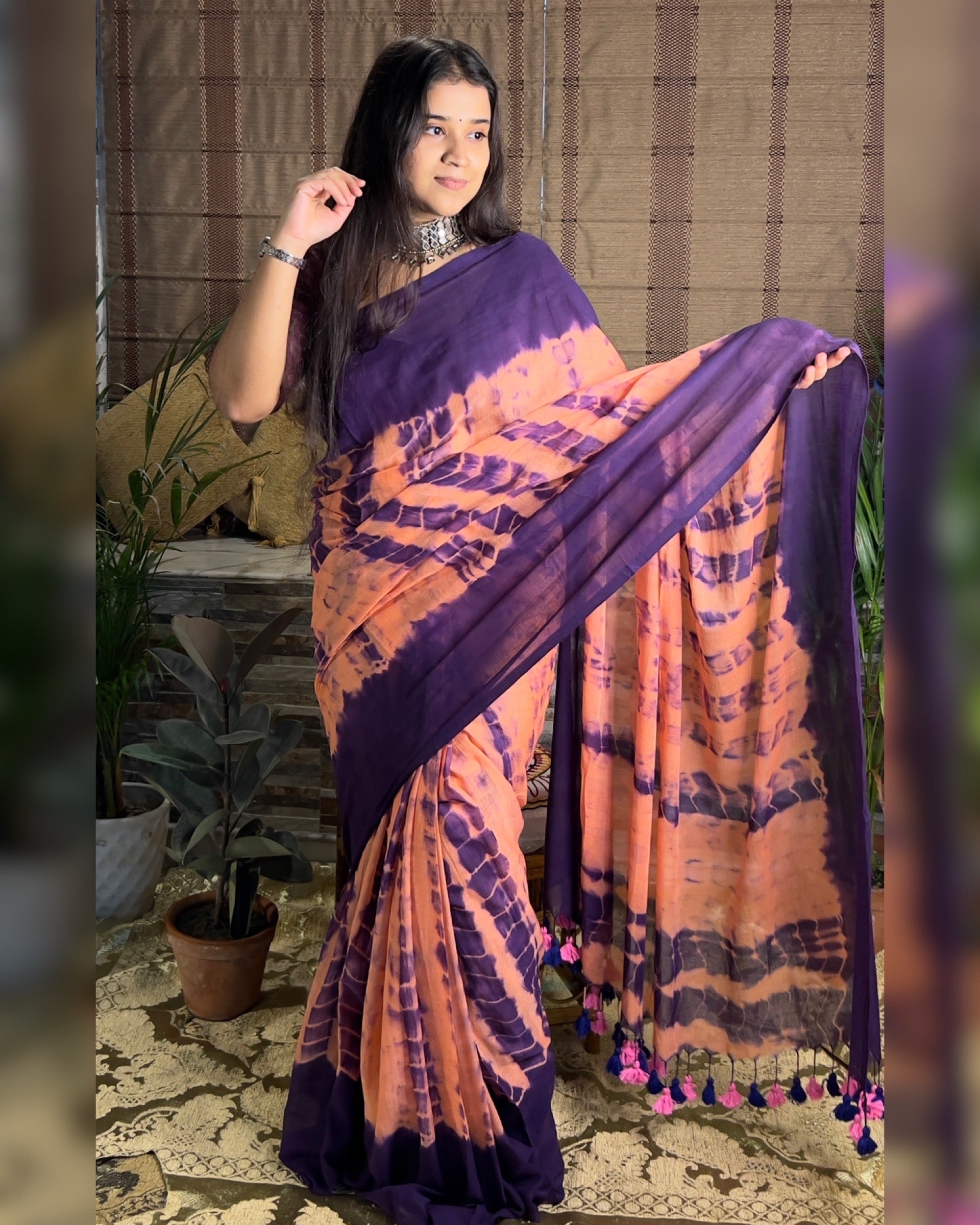 Soft and Comfortable Mulmul Cotton festive colour peach purple pink  Shibori Saree