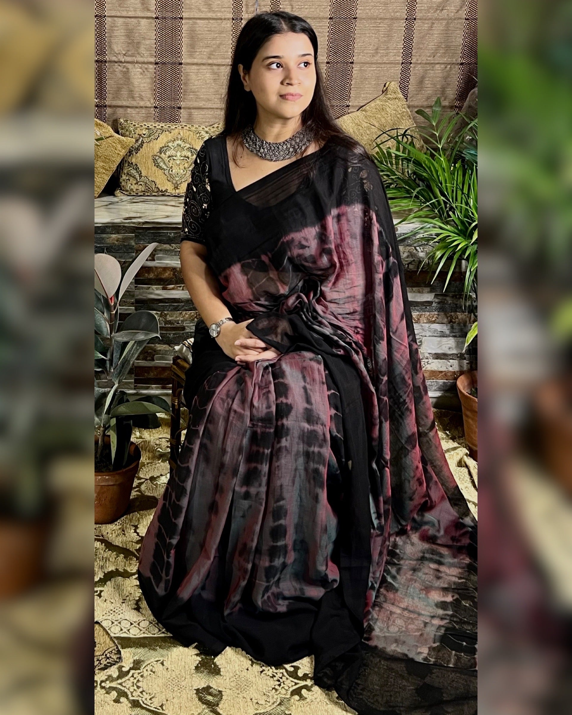 Soft and Comfortable Mulmul Cotton festive colour balck brown maroon green  Shibori Saree