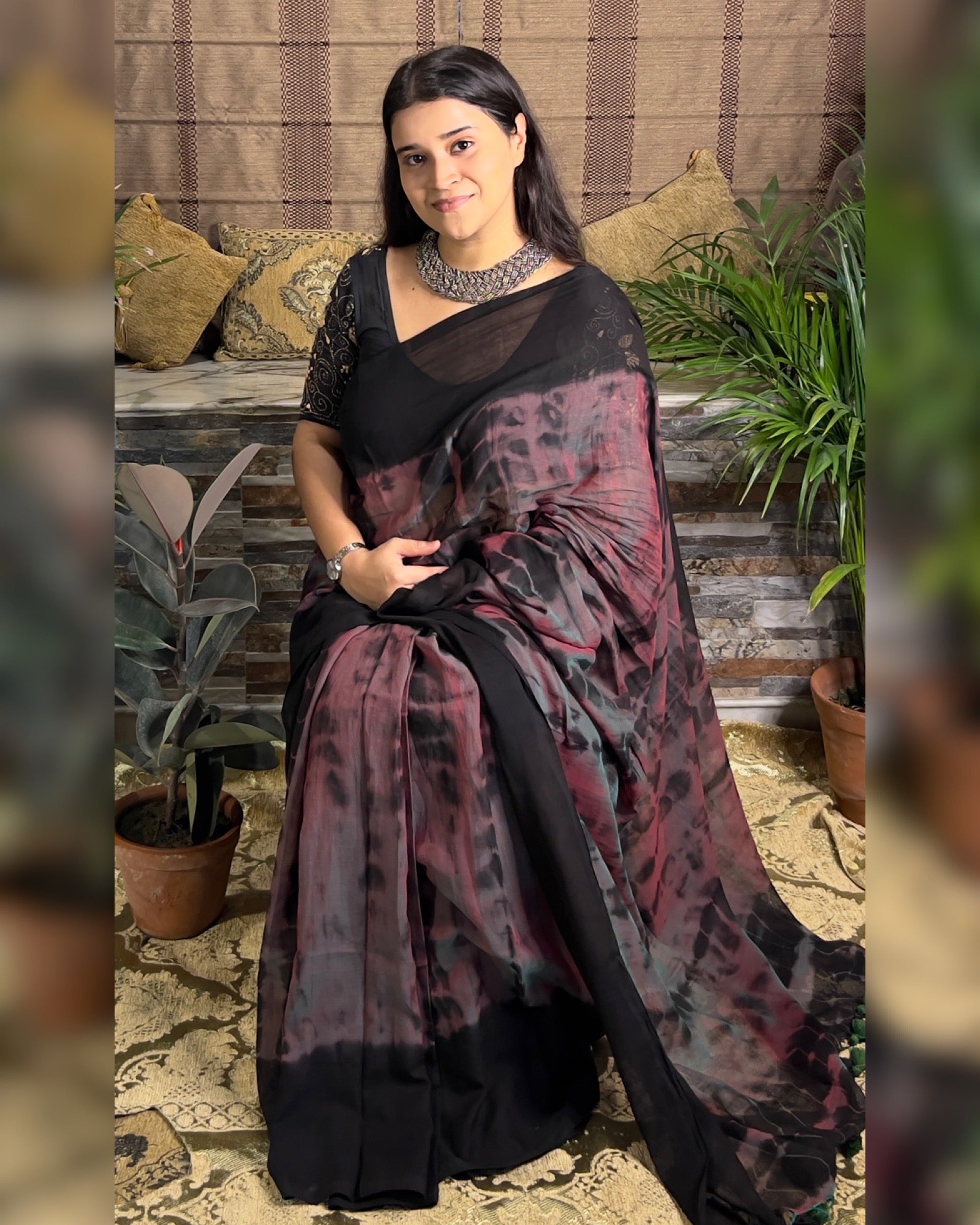 Soft and Comfortable Mulmul Cotton festive colour balck brown maroon green  Shibori Saree