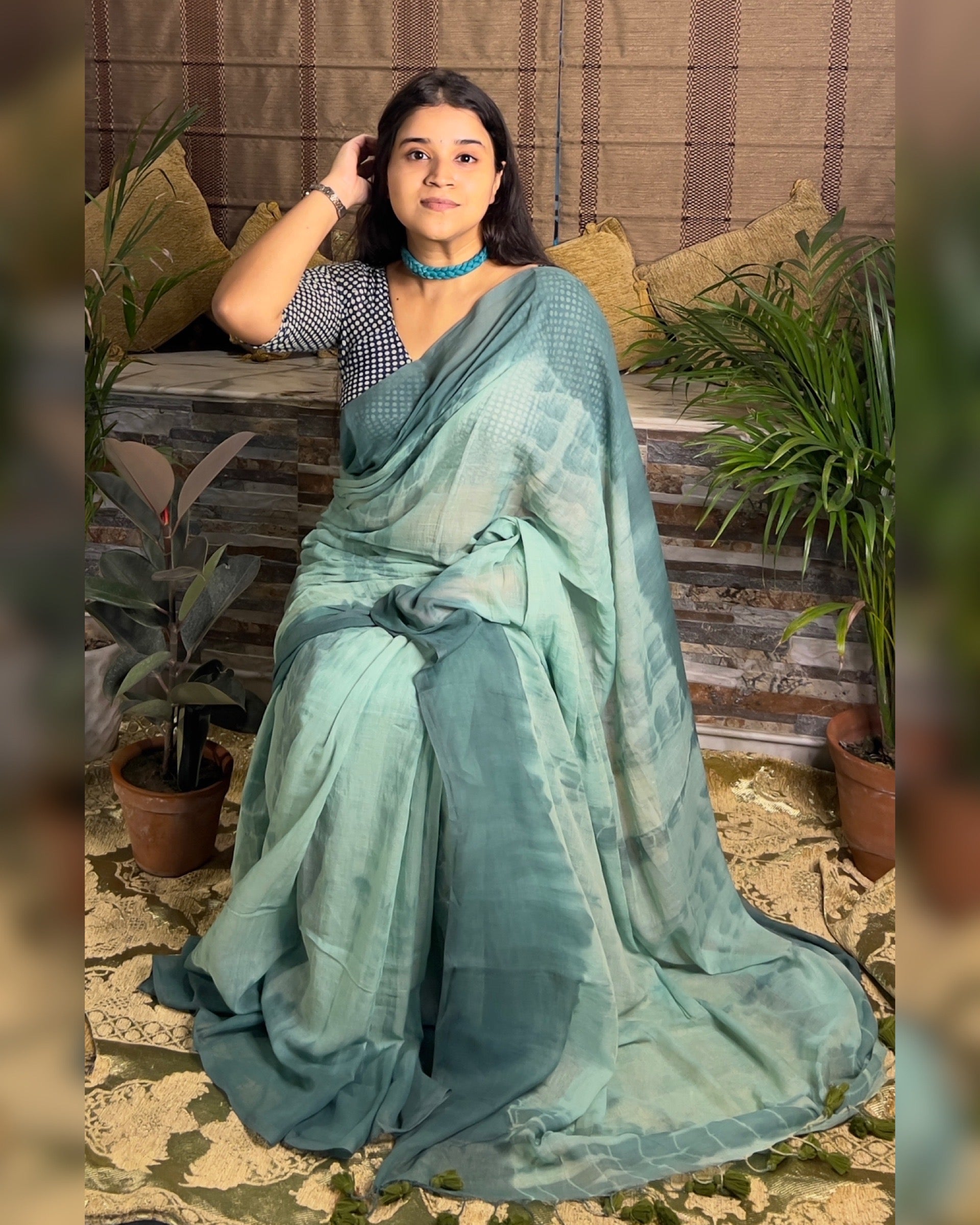 Soft and Comfortable Mulmul Cotton festive colour cyan blue green  Shibori Saree