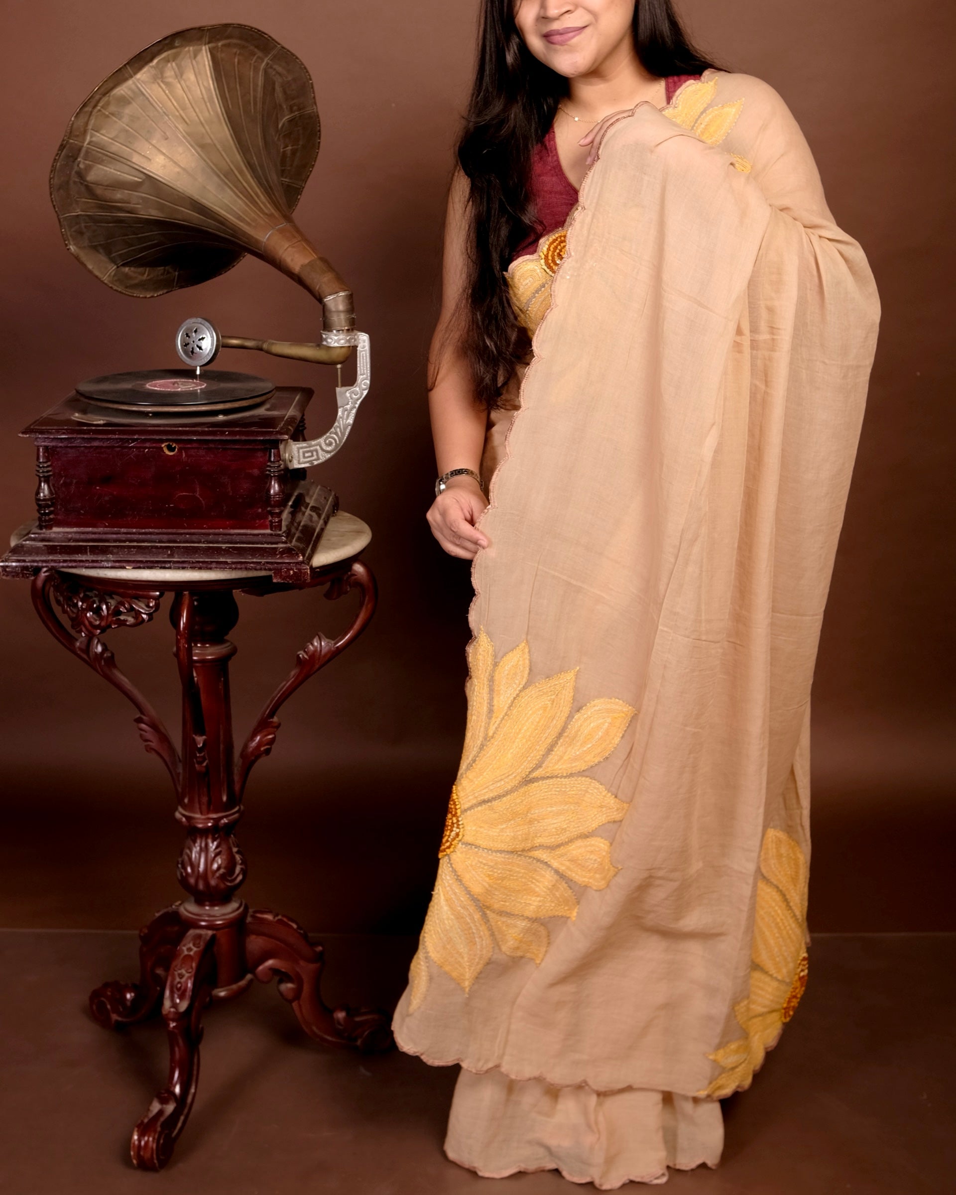 Chandramukhi beige cotton saree, handcrafted with subtle embroidery for a breathable and refined summer look.