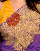 Sunshine Bloom white embroidered mulmul cotton saree with sunflower motifs, a lightweight breathable saree for summer and festive wear.