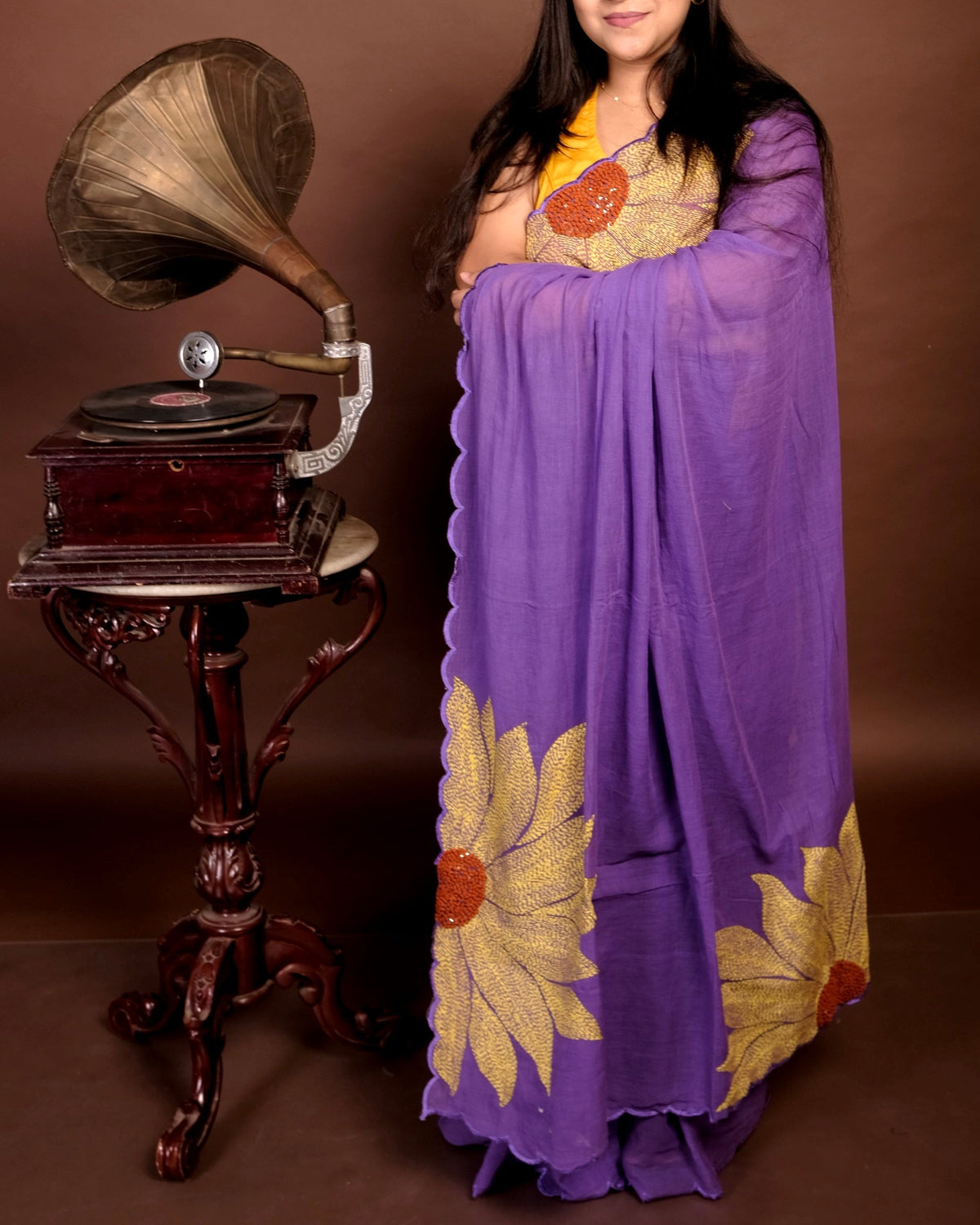Soft and comfortable light weight violet / purple mulmul cotton saree with sunflower embroidery sequins embellished by Shopaame
