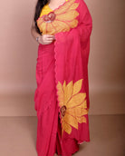 Soft and comfortable light weight red mulmul cotton saree with sunflower embroidery sequins embellished good for day time wear festive party wear