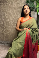Green-Orange soft and comfortable Khadi cotton saree 