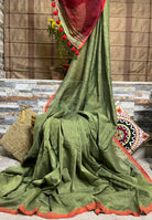 Green-Orange soft and comfortable Khadi cotton saree 